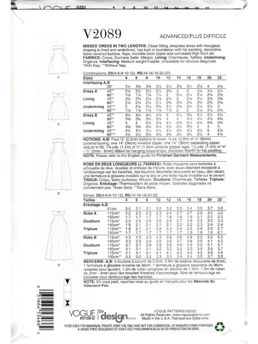Vogue V2089 Misses 14 to 22 Strapless Dress Uncut Sewing Pattern
